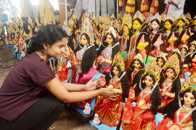 Large numbers of Laxmi idols are in display a day before the Sharad Purnima on October 15